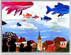 Original Acrylic Flying Fish Abstract Canvas Signed Wall Art  Blue 12x16 Surreal — photo 3