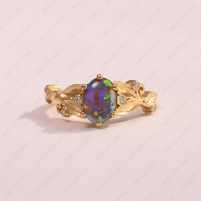 Black Opal Stone Cubic Zirconia Sterling Silver Unique Plain Leaf Stackable Ring
