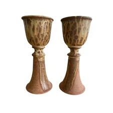 Handcrafted Signed Ceramic Goblets Set of 2 Unique Textured Pottery Chalices