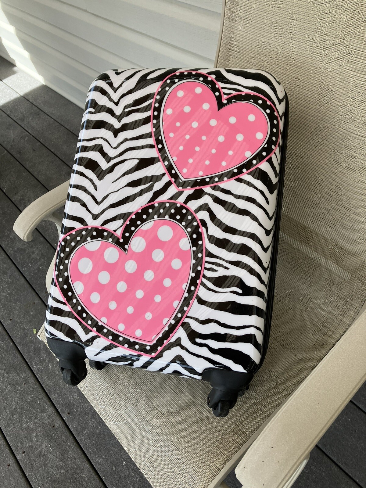 Justice Heart Zebra Wheeled Suitcase Hard Case Carry On Travel Bag