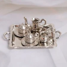 10Pcs/Set 1/12 Dollhouse Miniature Silver Metal Tea Coffee Tray Tableware Set