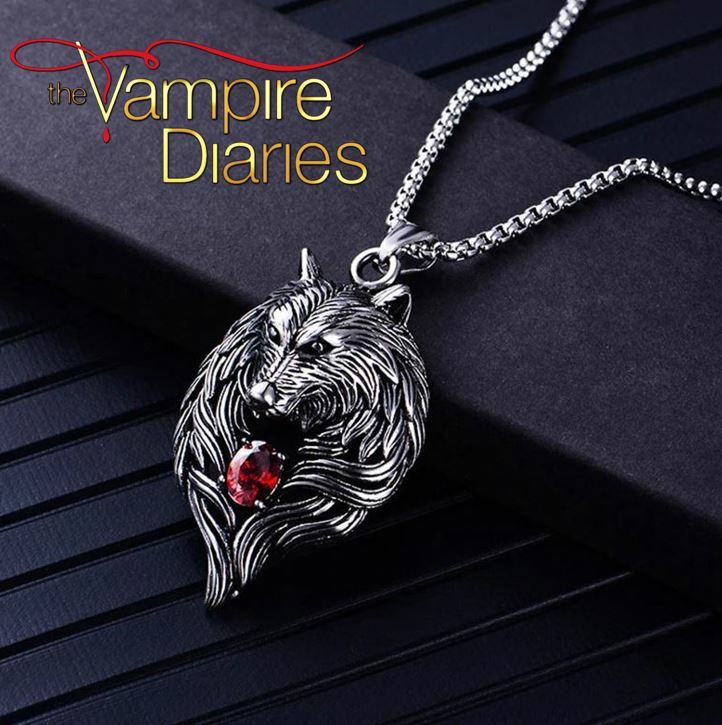 The Vampire Diaries Antique Silver Finish Tibetan Wolf, Ruby Gem