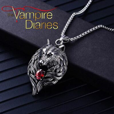 The Vampire Diaries Antique Silver Finish Tibetan Wolf, Ruby Gem