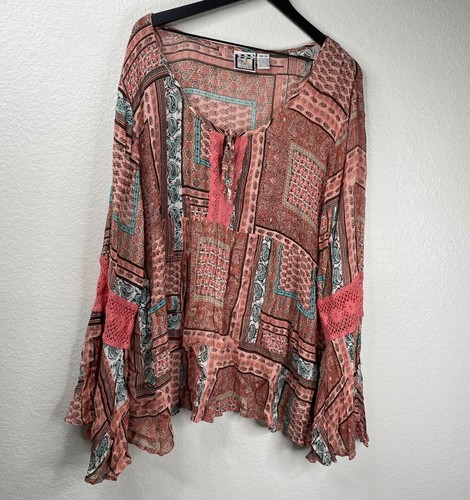 Take Two Top Damen Mehrfarbig Gr. 3X Patchwork Schlagärmel Fließend Boho Landhaus