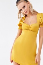 NWT FOREVER 21 Satin Sweetheart Empire Waist Puff Sleeve A Line Skater Dress S