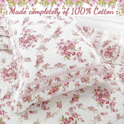 NEW! ~ COZY COTTAGE SHABBY CHIC WHITE PINK RED GREEN IVORY ROSE SOFT QUILT SET