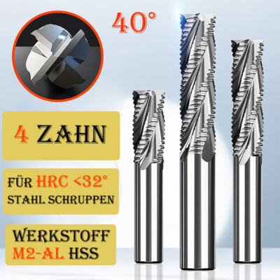 HSS Schruppfräser 4 Zähne Vollhartmetall Fräser | Für HRC32° Stahl Ø6-30mm