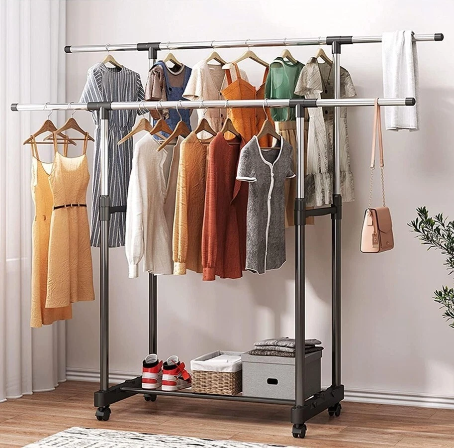 APPENDIABITI  STENDER DOPPIO CON RUOTE ATTACCAPANNI SALVASPAZIO REGOLABILE - Immagine 2 di 4