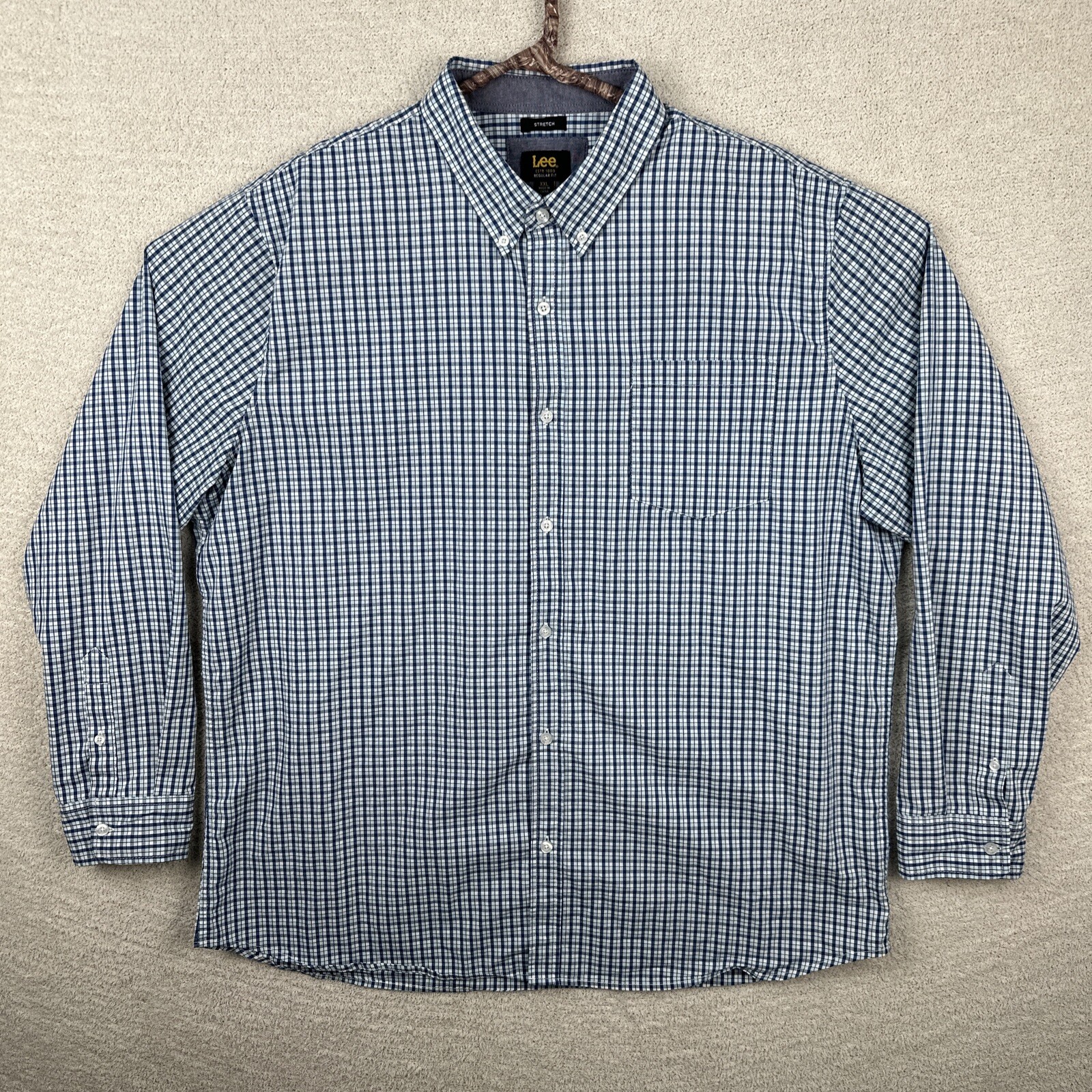 Lee Button-Up Shirt Men Size 2XL Blue Long Sleeve Plaid Collared Cotton Stretch