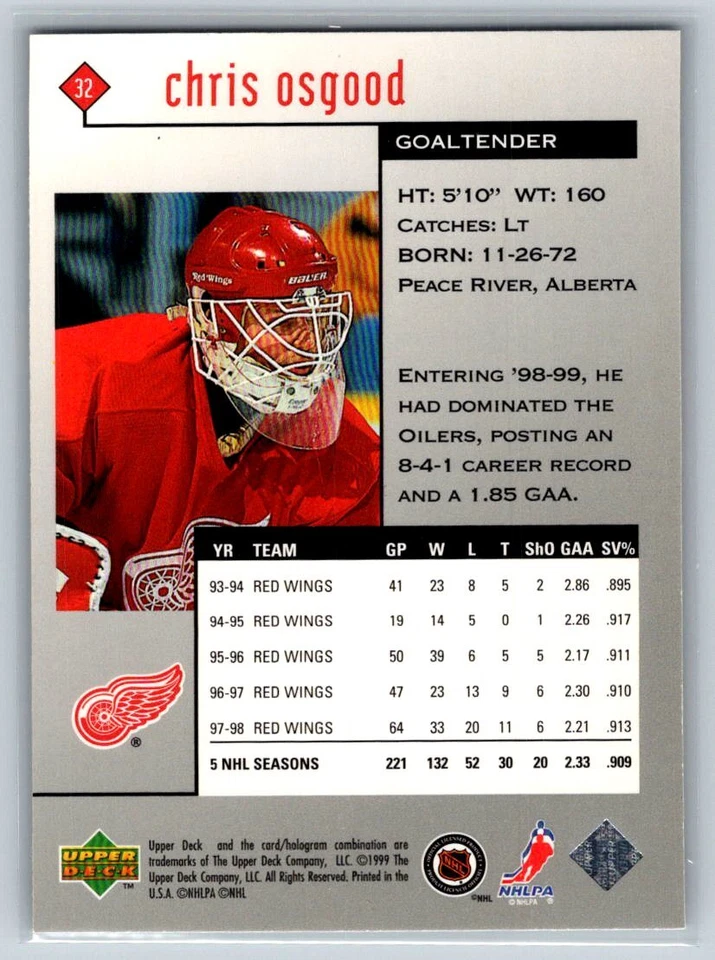 1998 Upper Deck Black Diamond #32 Chris Osgood Detroit Red Wings - Image 2 of 2