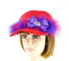 Red Baseball Cap Hat Purple Bow Crystals Marabou Feathers Society Lady