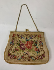Vintage Needlepoint Purse Tapestry Bag Floral Leaves Motif 50s Handbag Hong Kong