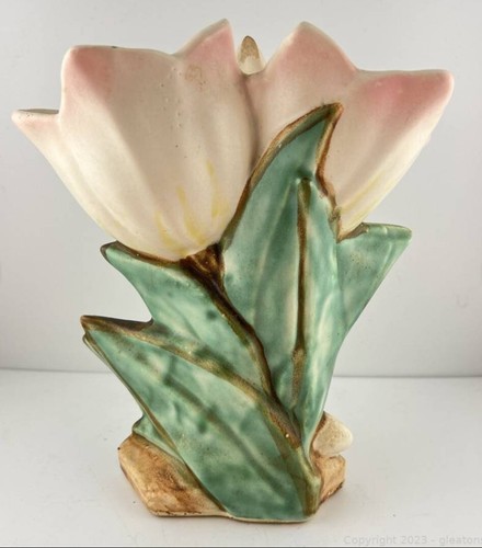 Vintage McCoy Double Tulip Pink Tipped White Vase 8" Tall X 6" Wide