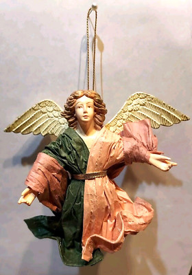 Christmas manger EXCELSIOR angel pink & green crepe paper hand painted ornament