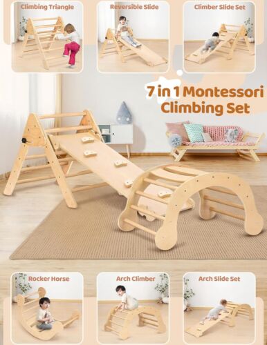 Kids Triangle Climber with Ramp 7-in-1 Indoor Toddler Climbing Ladder Slide Wood