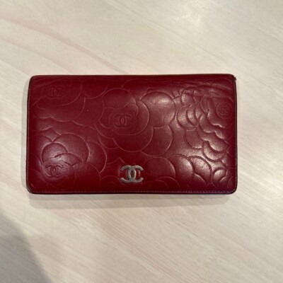 Auth Chanel Camellia Bifold Long Wallet Lambskin Leather Red CoCo