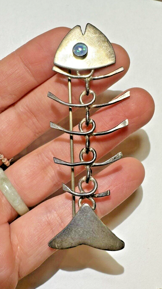 フイッシュボーン オパール Vintage GFMW Blue Eye Opal Cab Sterling Silver Fish Fishbone 7.7g