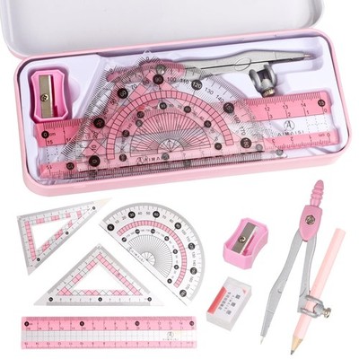 Compass Geometry Tool Protractor and Set with Metal Box Drawing Pink