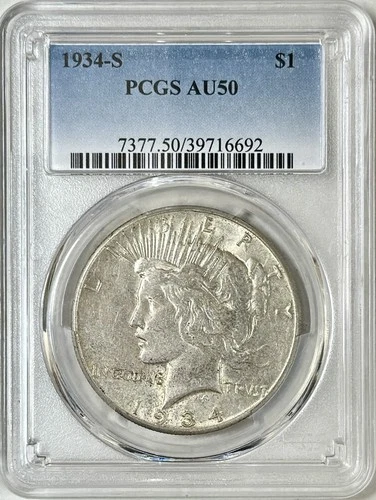 1934 S PEACE SILVER DOLLAR PCGS AU50