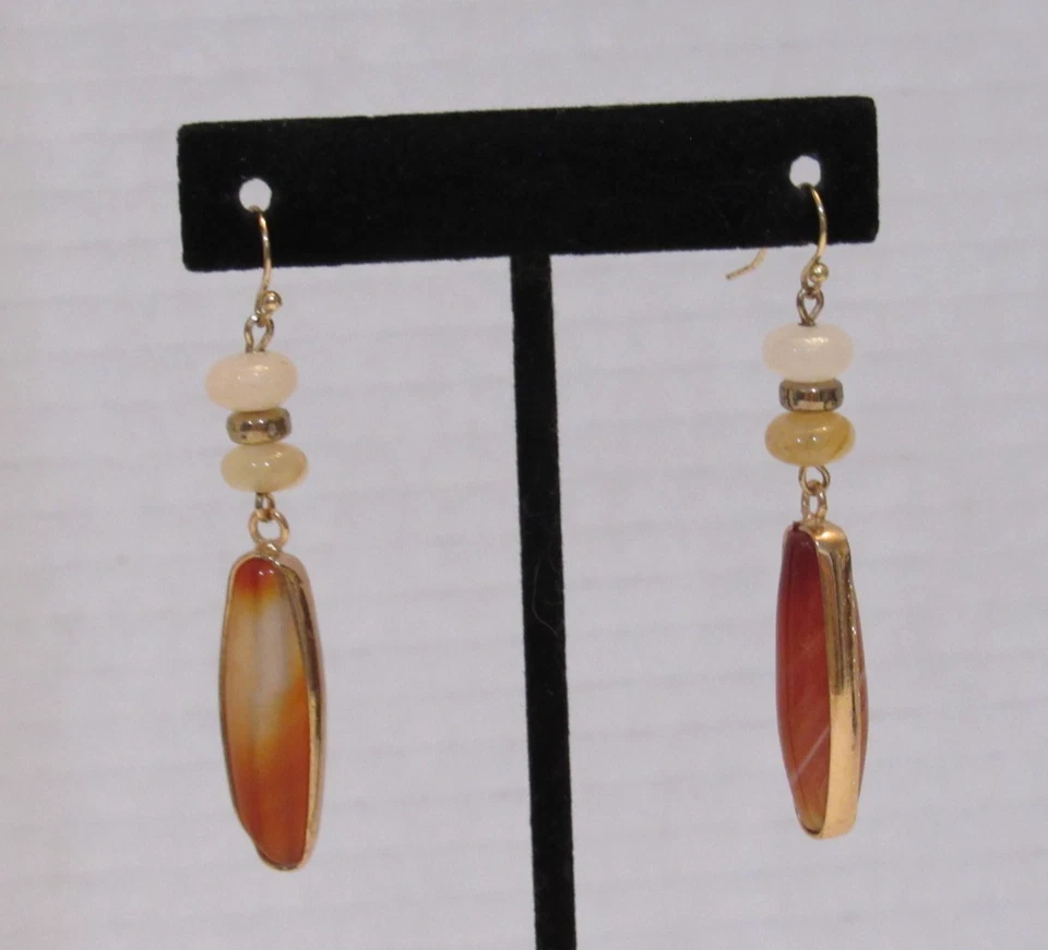 Gold Tone Carnelian Carmel Banded Wrapped Agate Dangle Earrings Boho Chic - Image 4 of 4