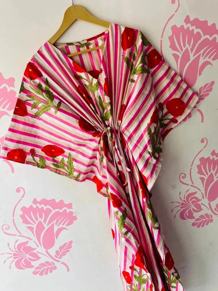 Indian Vintage 100% Cotton Long Beach Maxi Kaftan Dress One Size Caftan Kimono - image 3 of 4