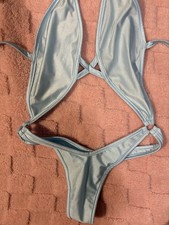 Light Blue Bikini Set Triangle Spaghetti Adjustable Strap Solid Size S