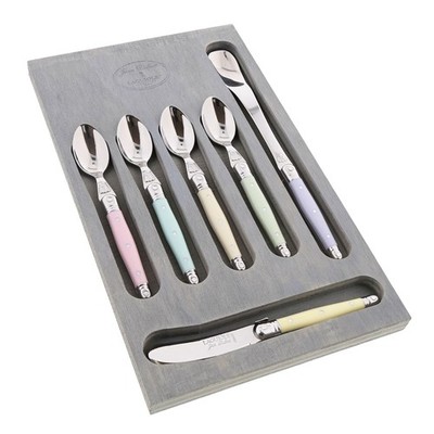 (D) Laguiole French Made 6-pc, Stainless Steel Coffee and Tea Set Pastel Handles