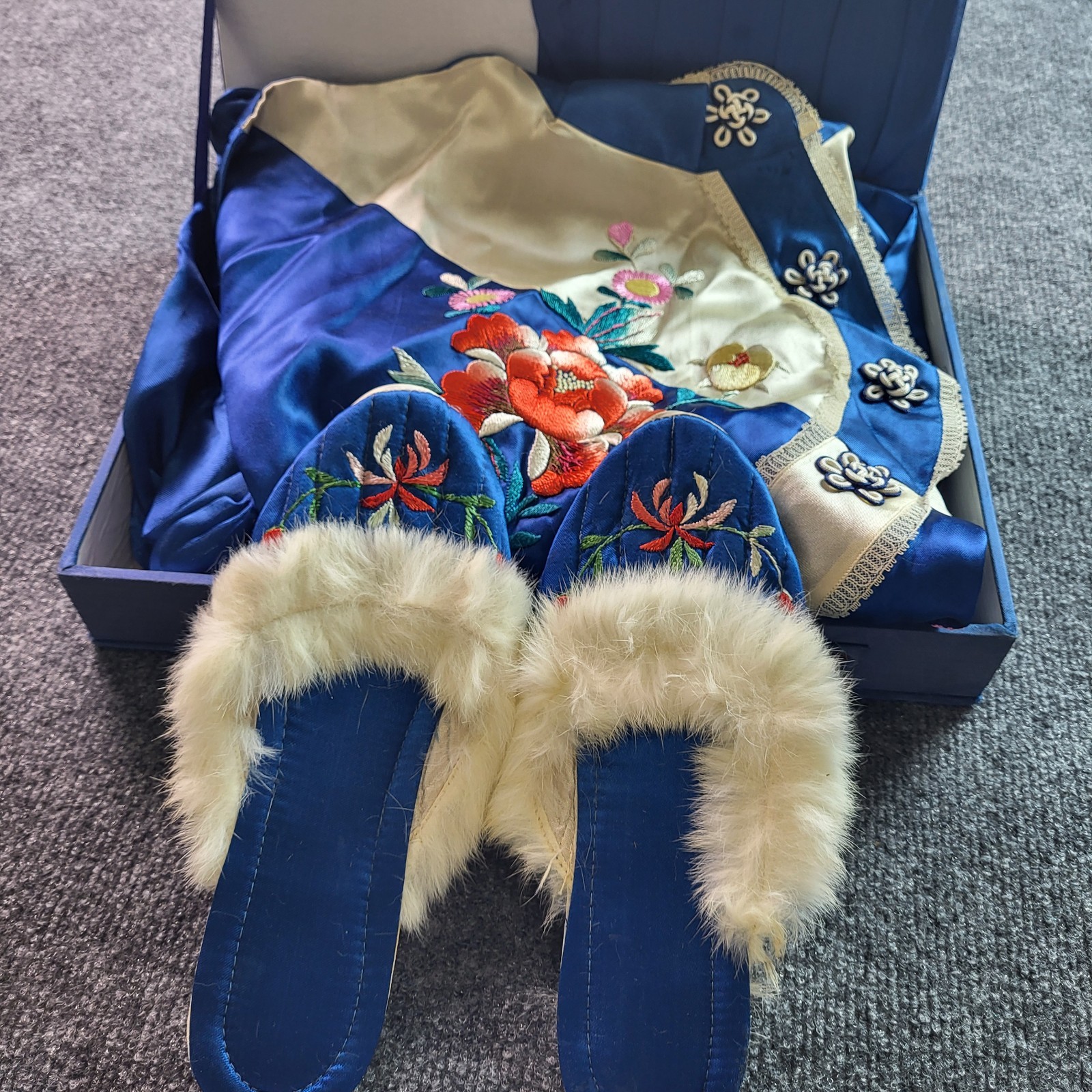 Vintage Chinese Silk Pajama Set with Embroidered Floral Top Pants & Slippers