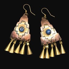 Mixed Metal Copper Brass Tone Blue Lapis Stone Chandelier Ethnic Dangle Earrings