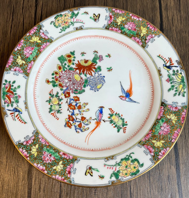 Vintage Chinese Rose Canton Porcelain Plate Hand Painted Birds Floral Gold 10''
