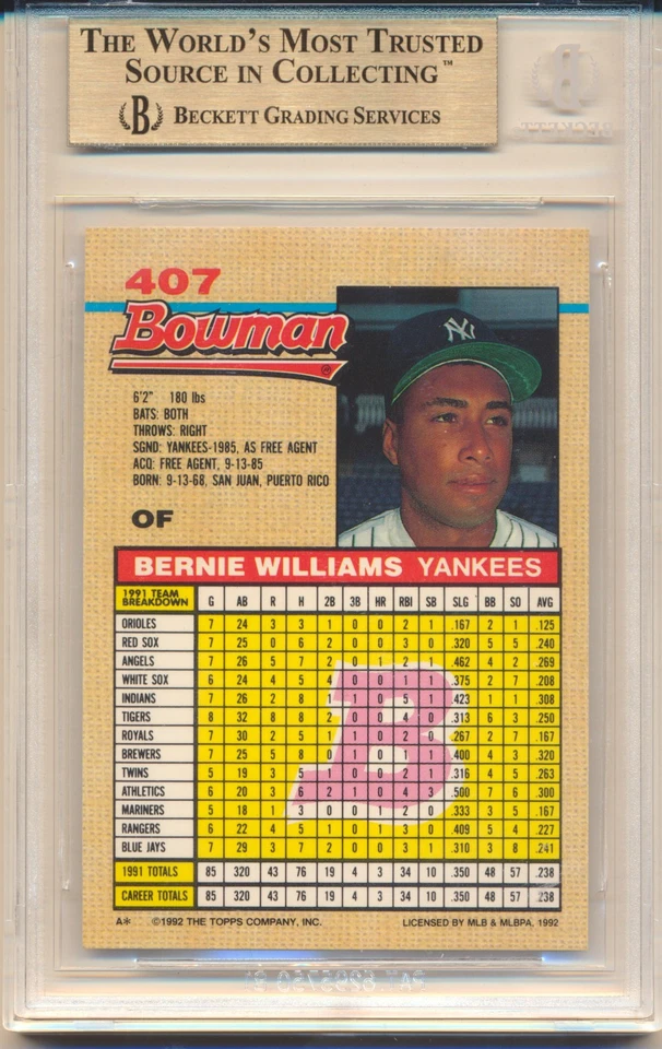 1992 Bowman Bernie Williams (#407) BGS9.5 BGS - Image 2 of 2