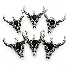 10pcs Natural Obsidian Stone Alloy Bull Head Pendants Jewelry Making Necklace