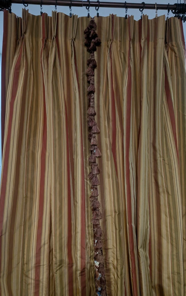 2 pair/4 panels Custom Gold Brown Green Burgundy Striped Tassel Trim drapes 88"L - Image 2 of 4