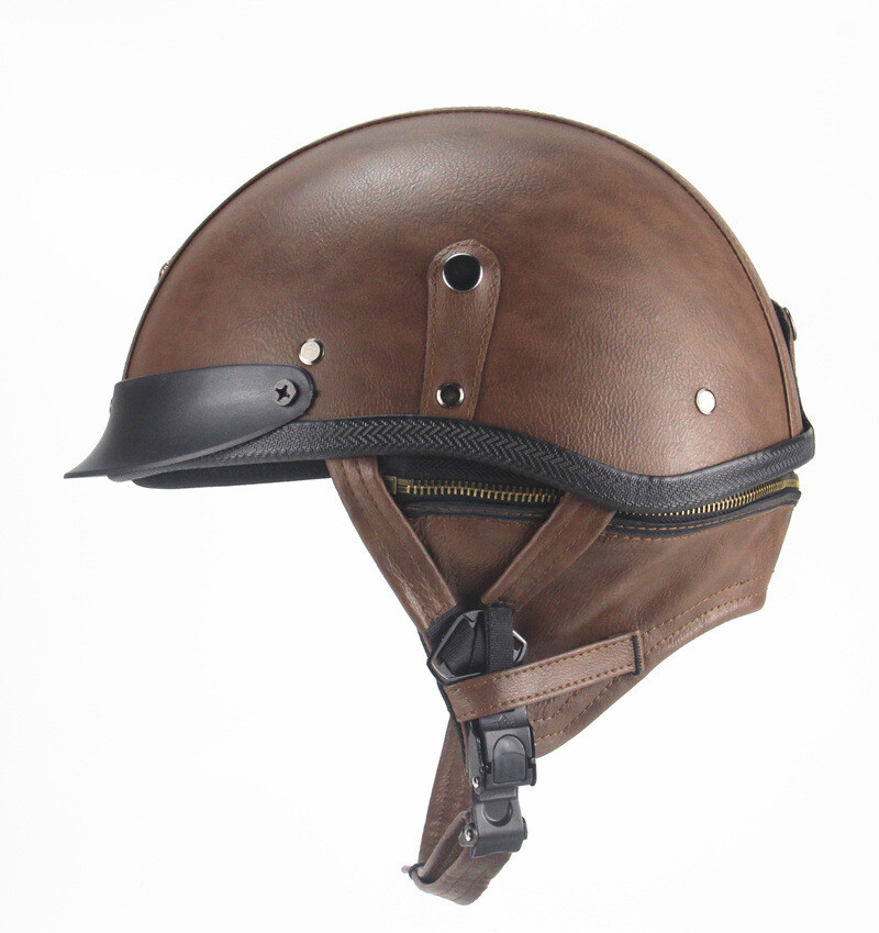 brown leather motorcycle helmets for sale Vintage Brown Leather Motorcycle Half Helmet Scooter Chopper Cafe Racer  Helmet