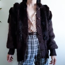 Vintage Mohair Wool Knit Cardigan Sweater Fur Trim Dark Brown Cardigan Size M-L