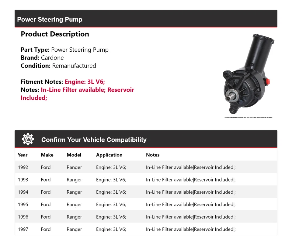 Bomba de direção hidráulica Cardone 1993 1994 1995 1996 Ford Ranger 3L V6 1992-1997 - Imagem 2 de 4