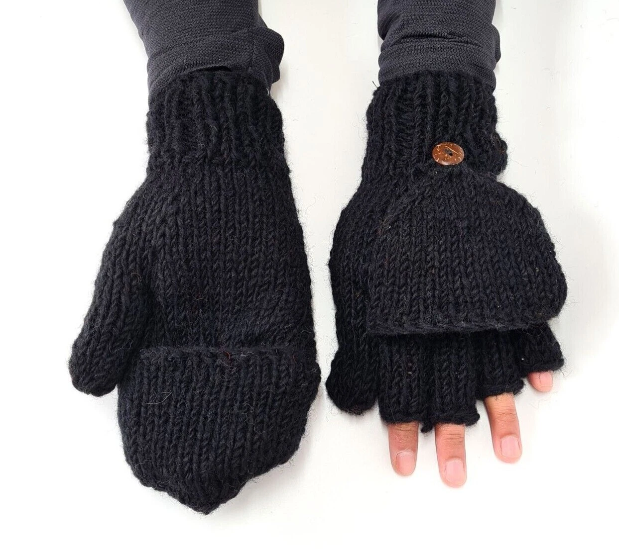 Black PURE WOOL Gloves HANDKNITTED Warm Winter Fingerless Mittens Nepal Lining