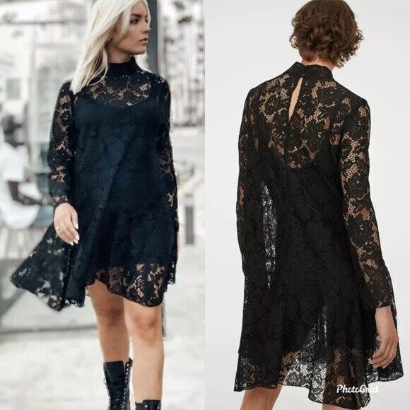 H&M HM Lace Stand-Up Collar DRESS CLASSIC STYLE Black POPULAR FASHION