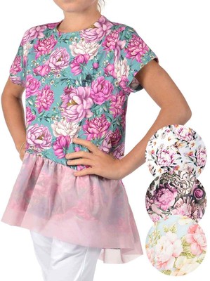 Tunika Kleid Kinder Mädchen kurzarm Volant Tüll Shirt Bluse Blumen 30366 KMISSO 