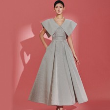 Runway Womens Striped French Style Big Lapel V Neck A Line Swing Long Dress Size
