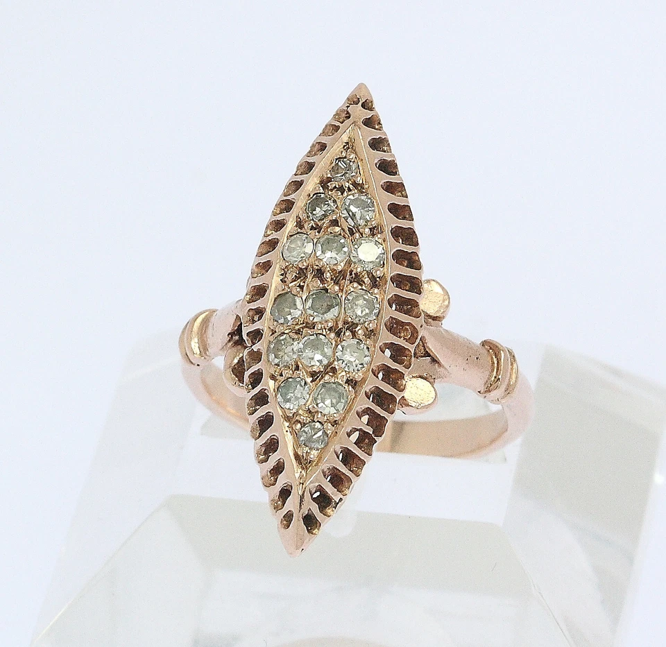 ♦ Schiffchen Ring in 14 kt 14k 585 er Rosé Gold mit Diamanten Antik Gr. 55 Damen