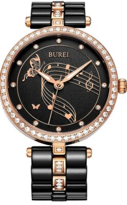 BUREI Women's Elegant Analog Quartz Watches Diamond Bezel with Ceramic  Bracelet