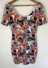 NOOKIE BEACH Floral Watercolour Dress Scoop Neck Stretch Bodycon Short
