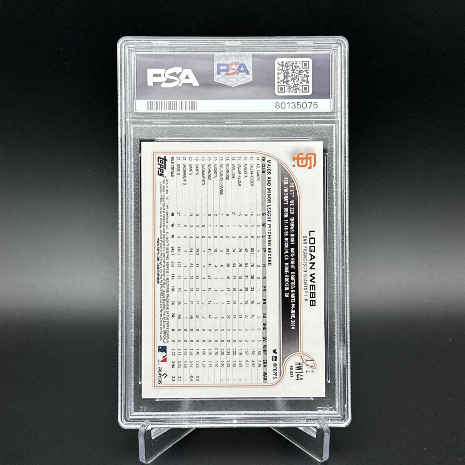 1/1 2022 Topps Holiday Logan Webb Gold Metallic Giants PSA 10/auto 10 On Card view 3