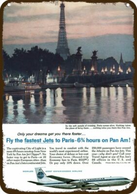 1960 PAN AM Airlines Clipper Jet & Eiffel Tower DECORATIVE REPLICA METAL SIGN