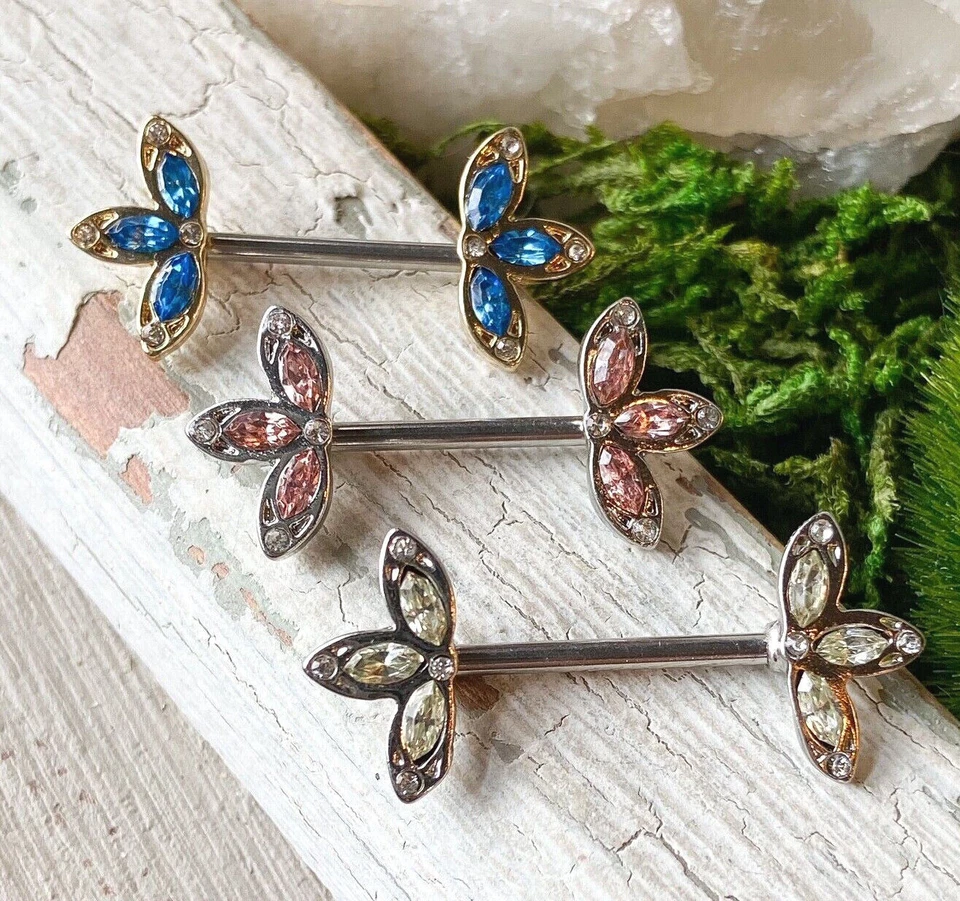 PAR Juego de Cristal Tres Extremos de Flores de Pétalos 14g 1/2" Anillo de Pezón Barbells Escudos Foto 3 de 4