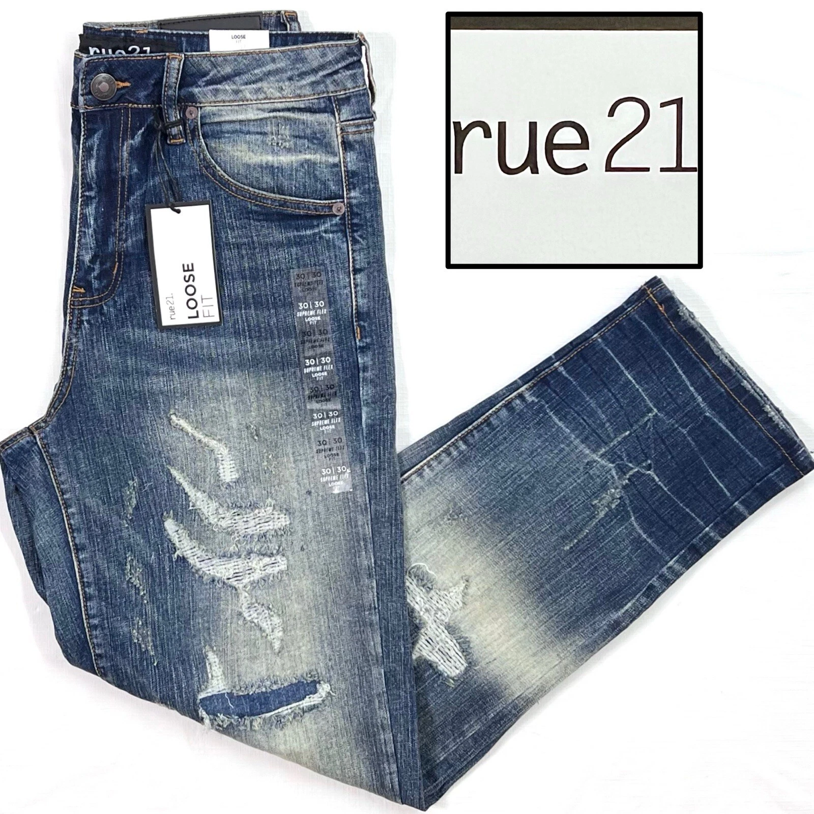 Pantalon jean homme taille 30x30 neuf avec étiquette RUE21 Supreme Flex coupe ample vieilli denim foncé