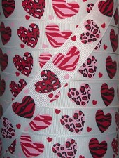 5 yds 7/8" VALENTINE ZEBRA LEOPARD HEART LOVE GROSGRAIN RIBBON 4 HAIRBOW BOW