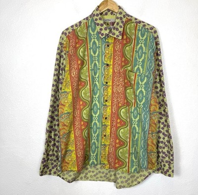 Vintage Floral Button Up Shirt Mens Large Colorful Ping Pong Fresh Feeling Italy