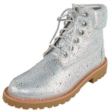 Forever Women Rhinestone Ankle Combat Boots Sparkly Booties WONDERFUL-8 Silver